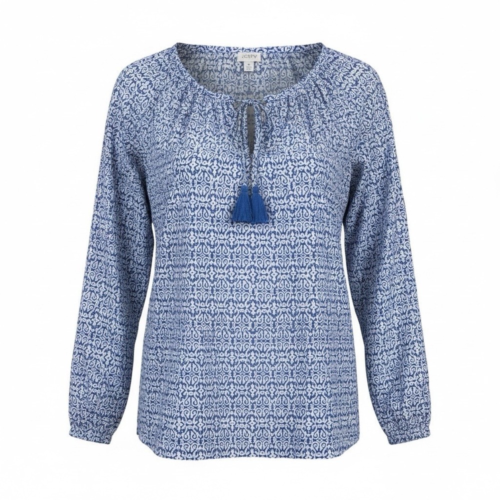 J Crew Blue White Print Tassel Tie Neck Long Sleeve Peasant‎ Blouse Top M